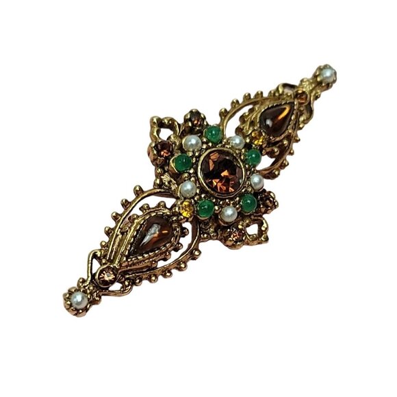 ART Arthur Pepper Gold-Tone Green & White Ballotini Beads Rhinestone Brooch, N81 - Picture 3 of 8